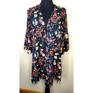 TIME AND TRU Womens Kimono Floral Multicolor Fringed One Size (closest to Large)